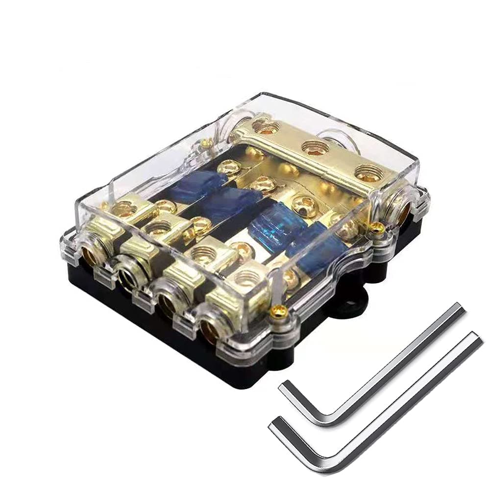 Idong 4-Way Fuse Holder Copper Distribution Block, Copper 0/2/4 Gauge to 4/6/8 Gauge 60 Amp, Used for Audio Stereo Amplifier of car, Truck, Ship, with Hexagon Wrench (4 Way)