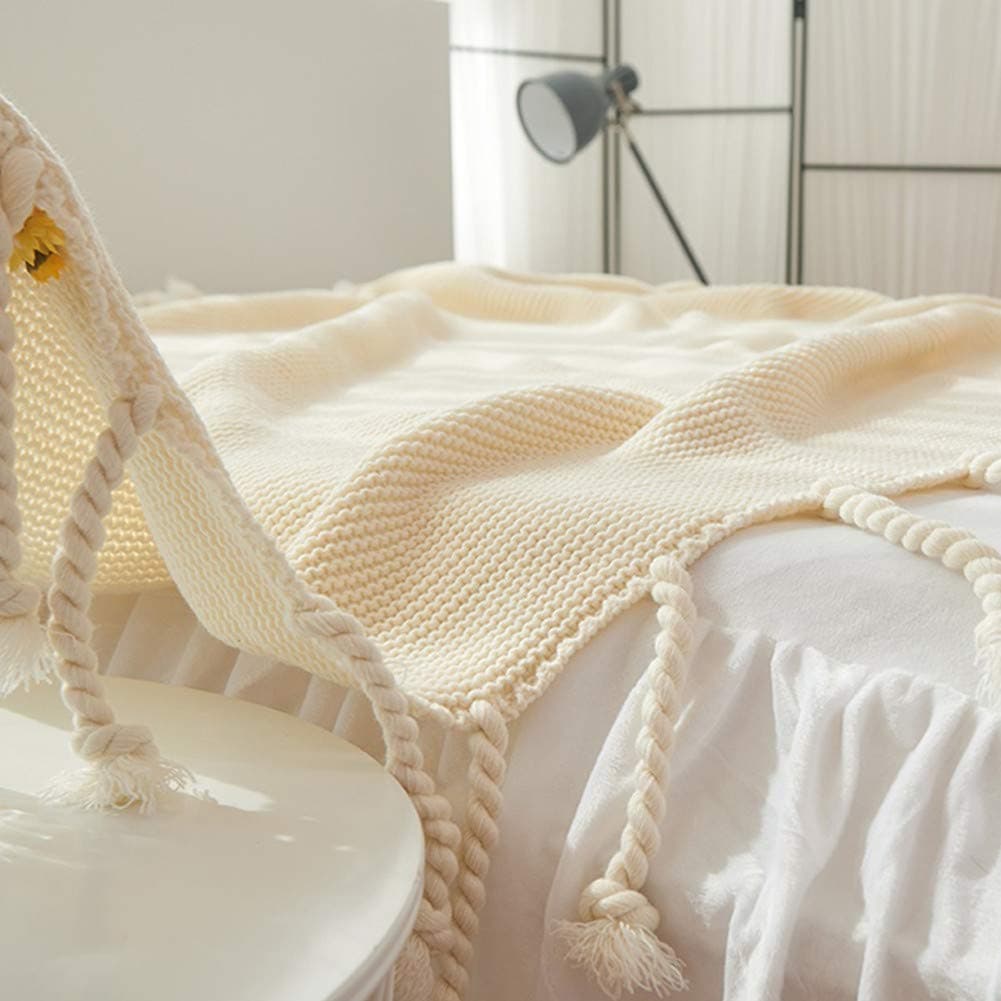 Knit Throw Blanket, Household Decorative Tassel Crochet Blanket Rug for Bedroom Sofa/Bed/Couch/Car/Living Room/Office (51.18" W×62.99" L, Beige)