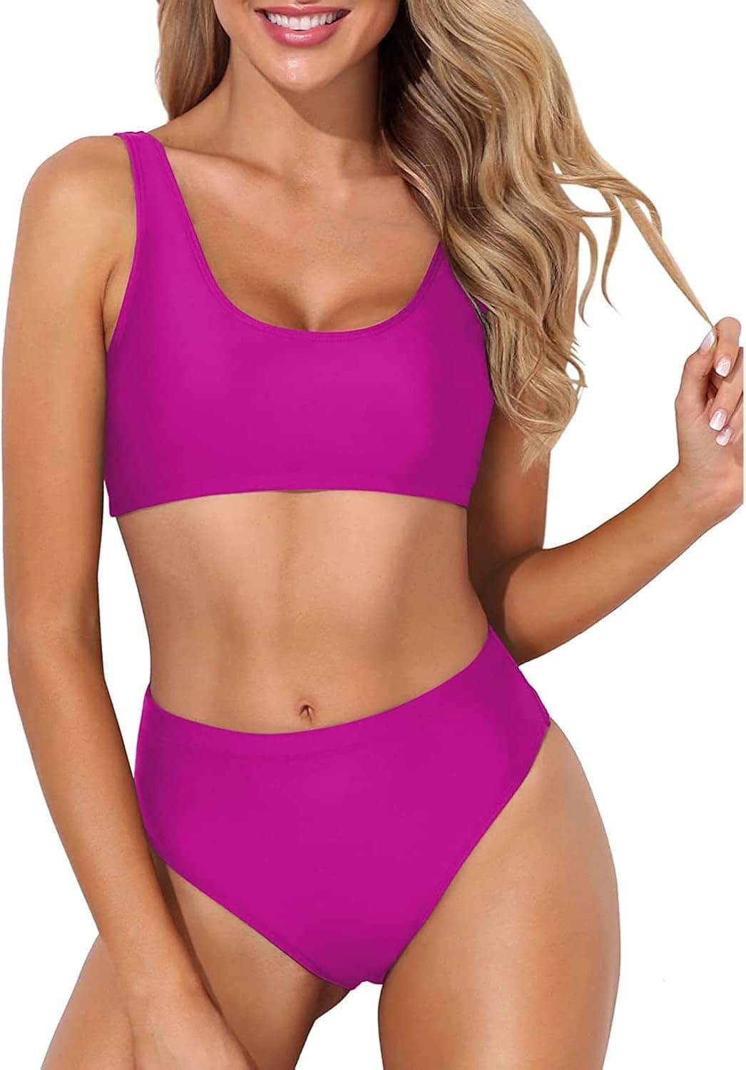 Tempt Me Women Two Piece Scoop Neck Bikini Crop Top High Cut Swimsuit Sporty High Waisted Bathing Suit with Bottoms