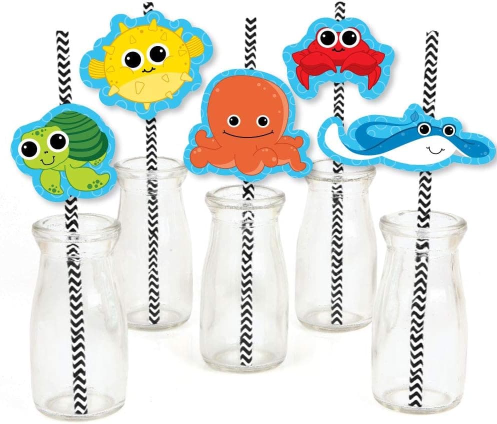 Big Dot of Happiness Under the Sea Critters - Paper Straw Decor - Birthday Party or Baby Shower Striped Decorative Straws - Set of 24