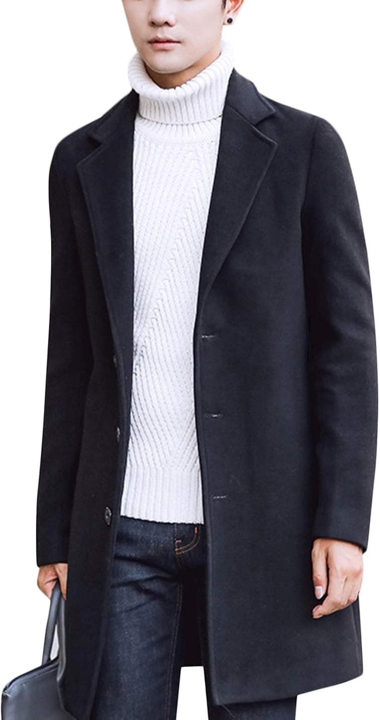 Springrain Men's Notched Lapel Single Breasted Long Pea Coat Trench Coat (Black, Small)