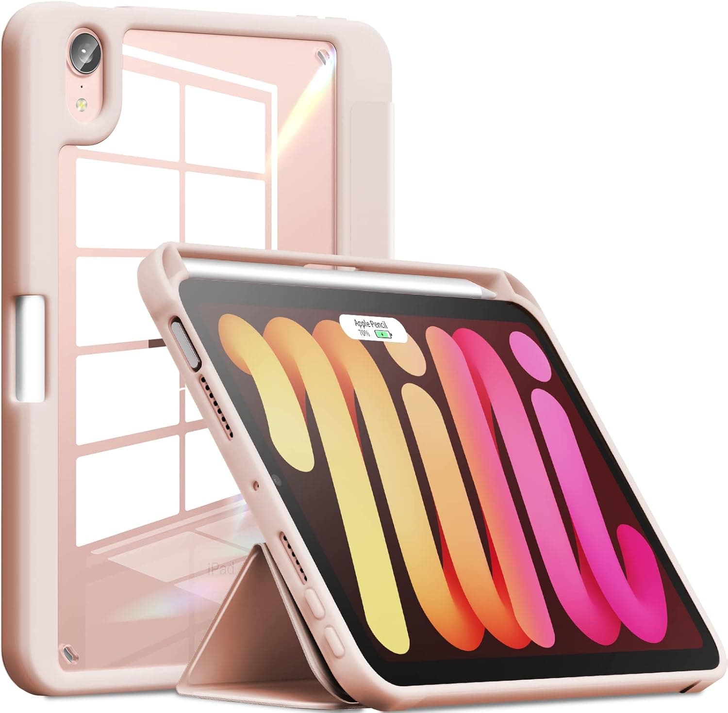 INFILAND Compatible with iPad Mini 6 Case (2021), iPad Mini 6th Generation Case (8.3 inch) with Pencil Holder, Shockproof + Clear Back + Support 2nd Gen Pencil Wireless Charging Pink