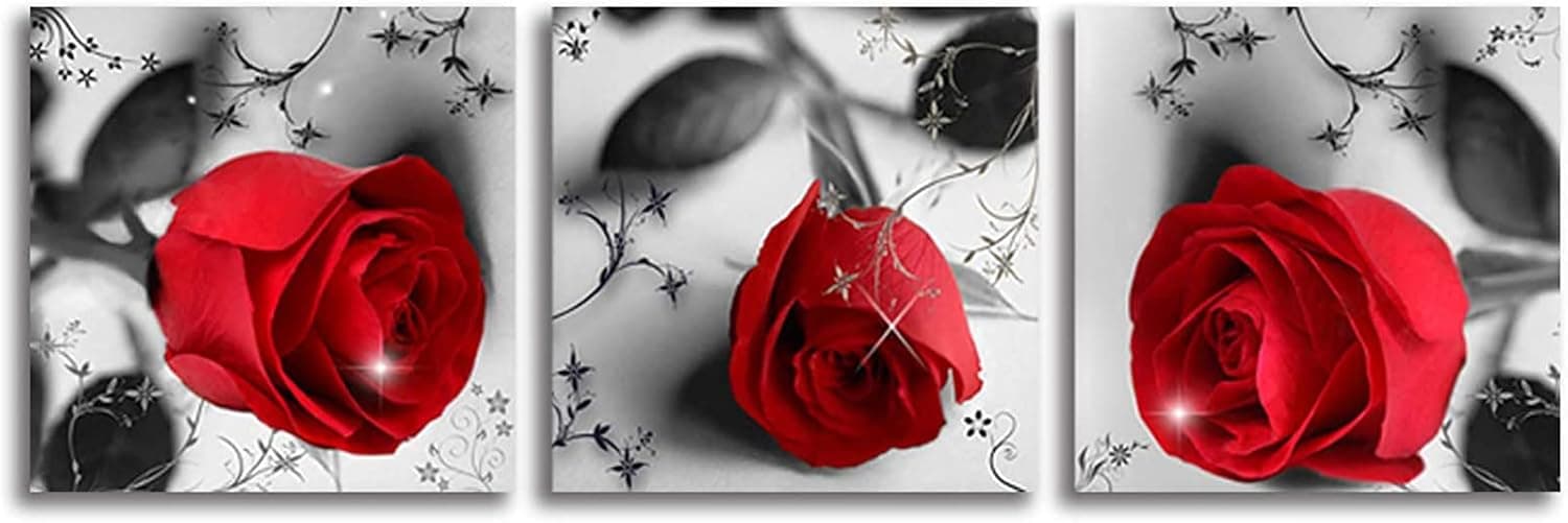 MESESE Red Rose Canvas Wall Art for Bedroom Decor,Red and Black Wall Decor Floral Artwork Flower Painting Picture for Bathroom Wall Decoration 3 Panels Ready to Hang 12"x12"