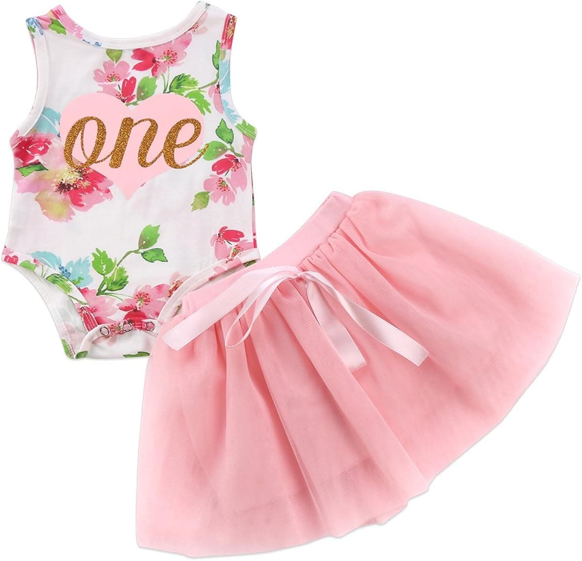 Baby Girls' 1st Birthday Tutu Dress Sleeveless Floral Romper Top Lace Skirt Clothes Easter Outfit 2Pcs