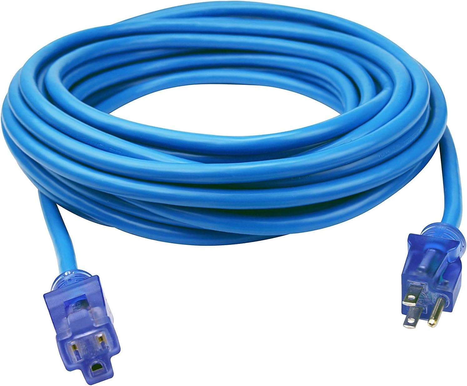 Clear Power 50 ft Heavy Duty Outdoor Extension Cord 12/3 SJTW with Lighted Connector, Water & Weather Resistant, Flame Retardant, Hi-Vis Blue, 3 Prong Grounded Plug, DCOC-0105-DC