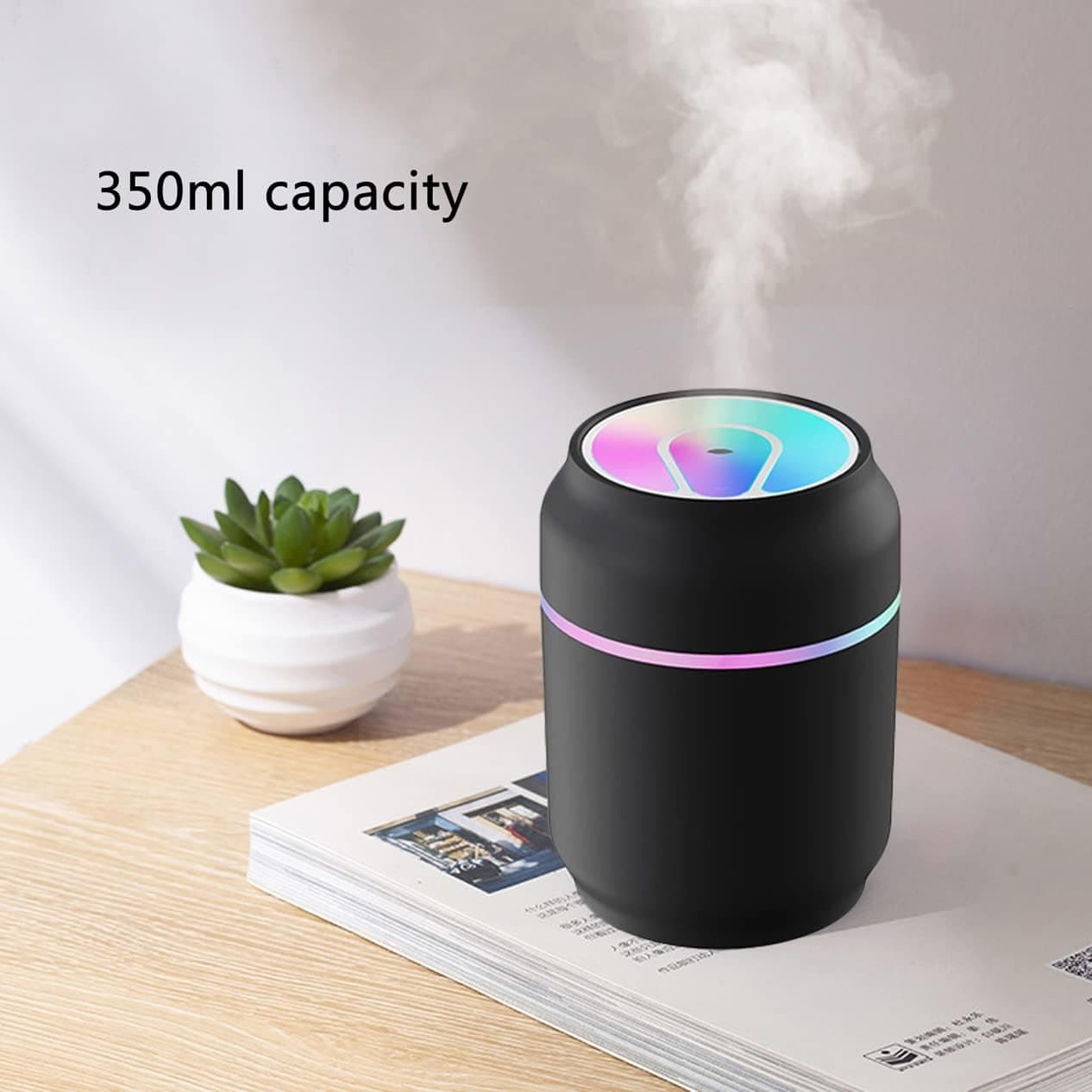 Mini Humidifier - Can Shape Cute Humidifier, USB Portable 350ml Colorful Small Humidifier with 7 Colors 2 Fog Mode Quiet for Bedroom Car Home Plants Office (B-Black)