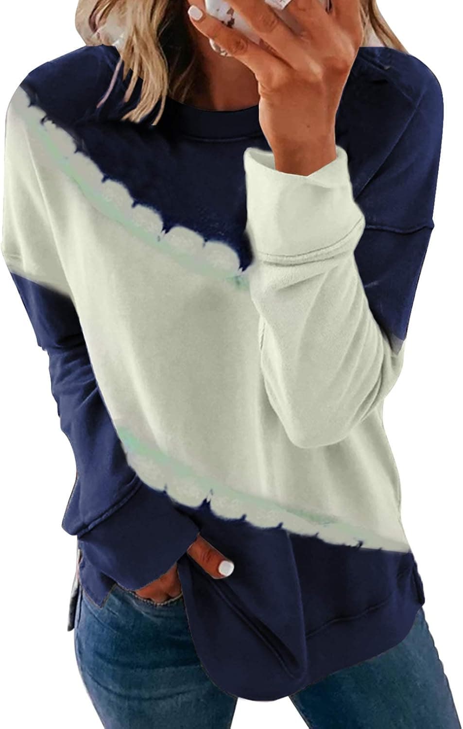 Happy Sailed Womens Sweatshirt Casual Long Sleeve Round Neck Color Block Loose Pullover Shirts Tops,Large Blue
