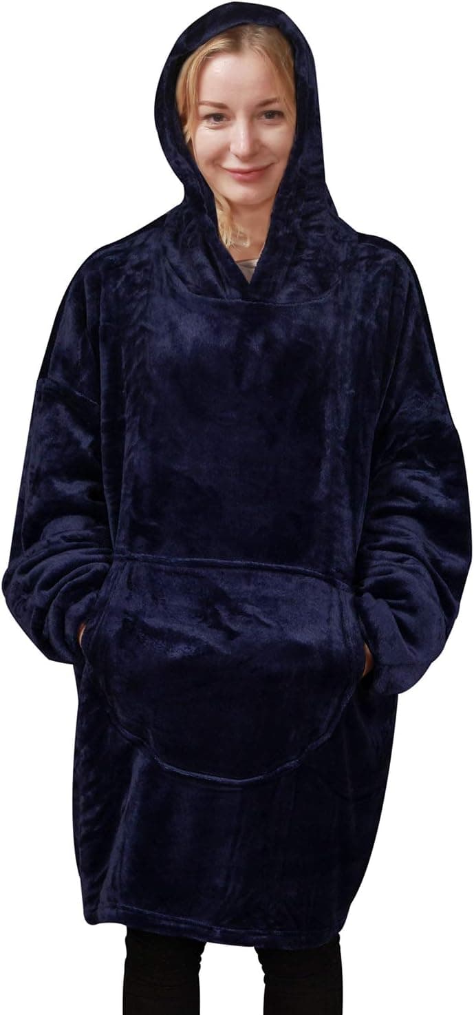 softan Flannel Fleece Hoodie Blanket Sweatshirt Wearable Blanket Super Soft Warm Cozy Giant Hoody Large Front Pocket One Size for All,Navy