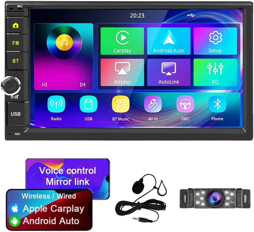 Double Din Car Stereo Wireless Carplay Android Auto Touch Screen AHD Rearview Backup Camera Bluetooth 7 Inch Car Radio QLED Display Dual Mic Mirror Link FM AM Radio Receiver USB AUX Subwoofer