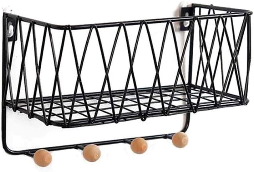HONUTIGE Wall Mounted Storage Rack with Hooks, Wrought Iron Storage Shelf, No-Drilling Multipurpose Wall Rack for Home Kichen Living Room and Bathroom Use
