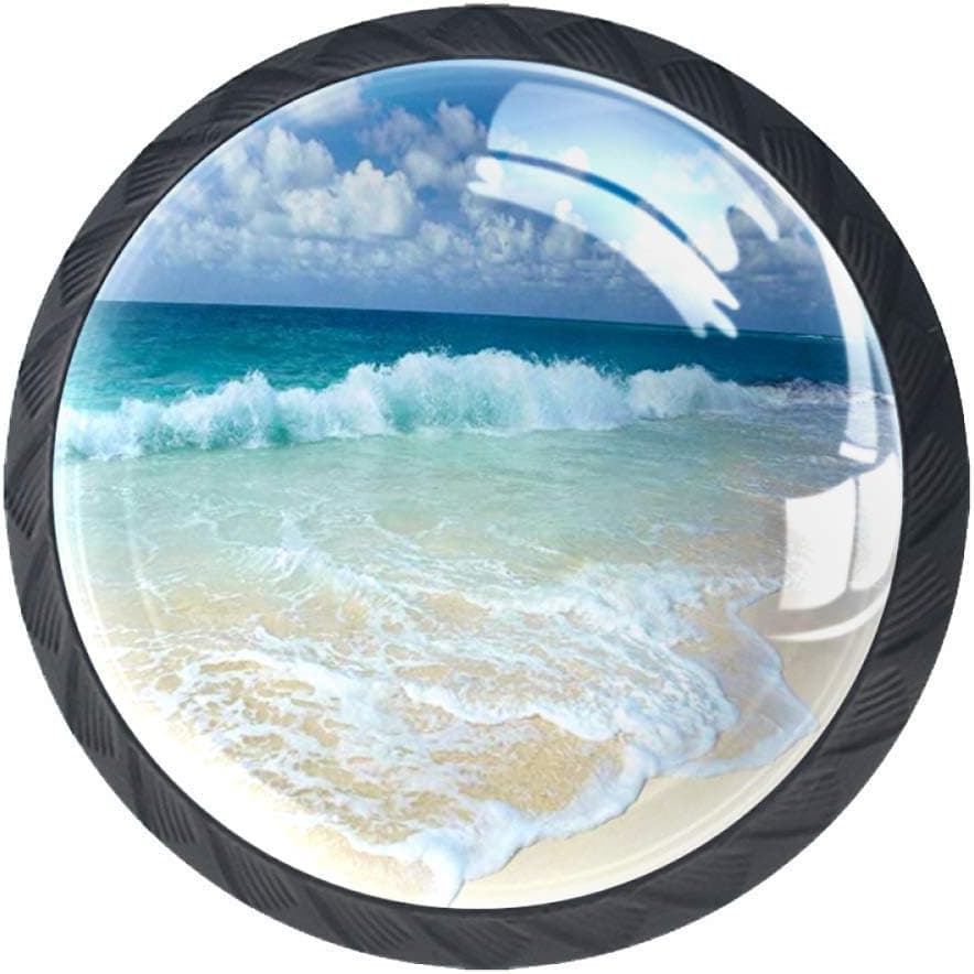 Beach with Foamy Waves On Empty Sea Shore Holiday Theme Serene Coastal Drawer Knob Pull Handle Crystal Glass Circle Shape Cabinet Drawer Pulls Cupboard Knobs with Screws for Home Office 4 Pieces