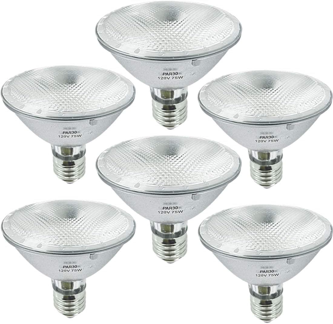 Par30 Short Neck, Par30 75W 120V Flood, 3000K Warm White, Halogen Light Bulbs, Flood Light Bulbs, Dimmable, E26 Base, Par30 FL, 75W Hight Output, (6 Pack)
