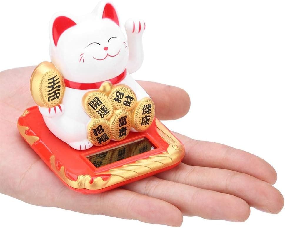 Lucky Cat Ornaments - Mini Fortune Cat Solar Powered Welcoming Waving Arm Cat Adorable Waving Beckoning Fortune Lucky Cat Decoration Good Gift for Home Car Stores(White)