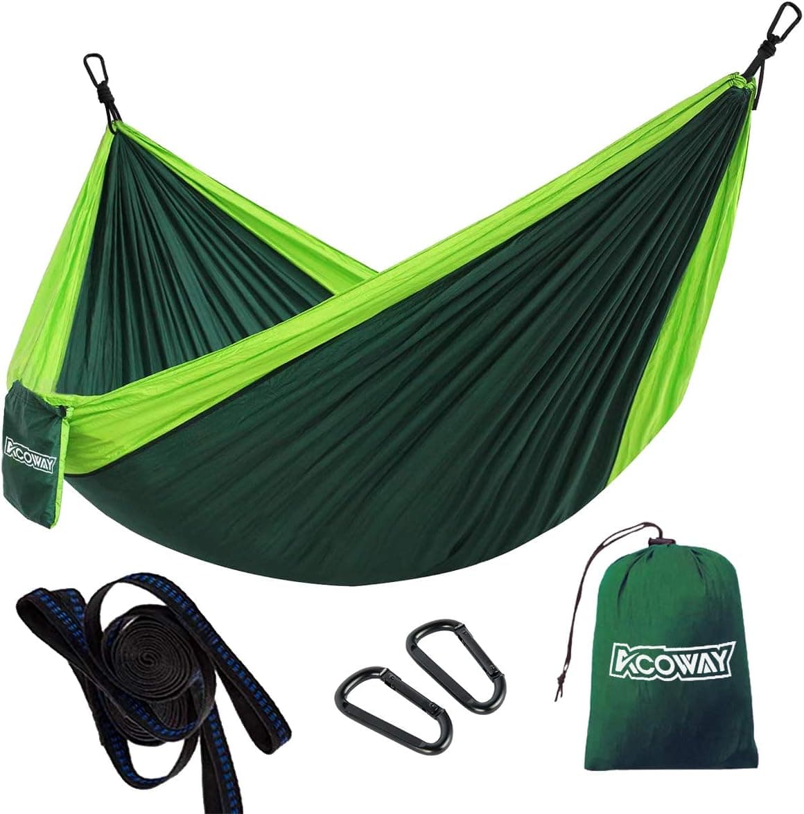 ACOWAY Hammock Camping Double, Hammock and Tree Straps, Travel Parachute Hammock Tree Straps Set of 2,Indoor Outdoor Double Hammock Backpacking for Travel, Beach, Backyard, Patio, Hiking,Green