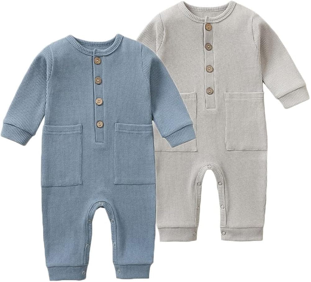 Feidoog Baby Boys Girls 2 Pack Solid Romper Button Long Sleeve One-Piece Jumpsuit Outfits Clothes Sets