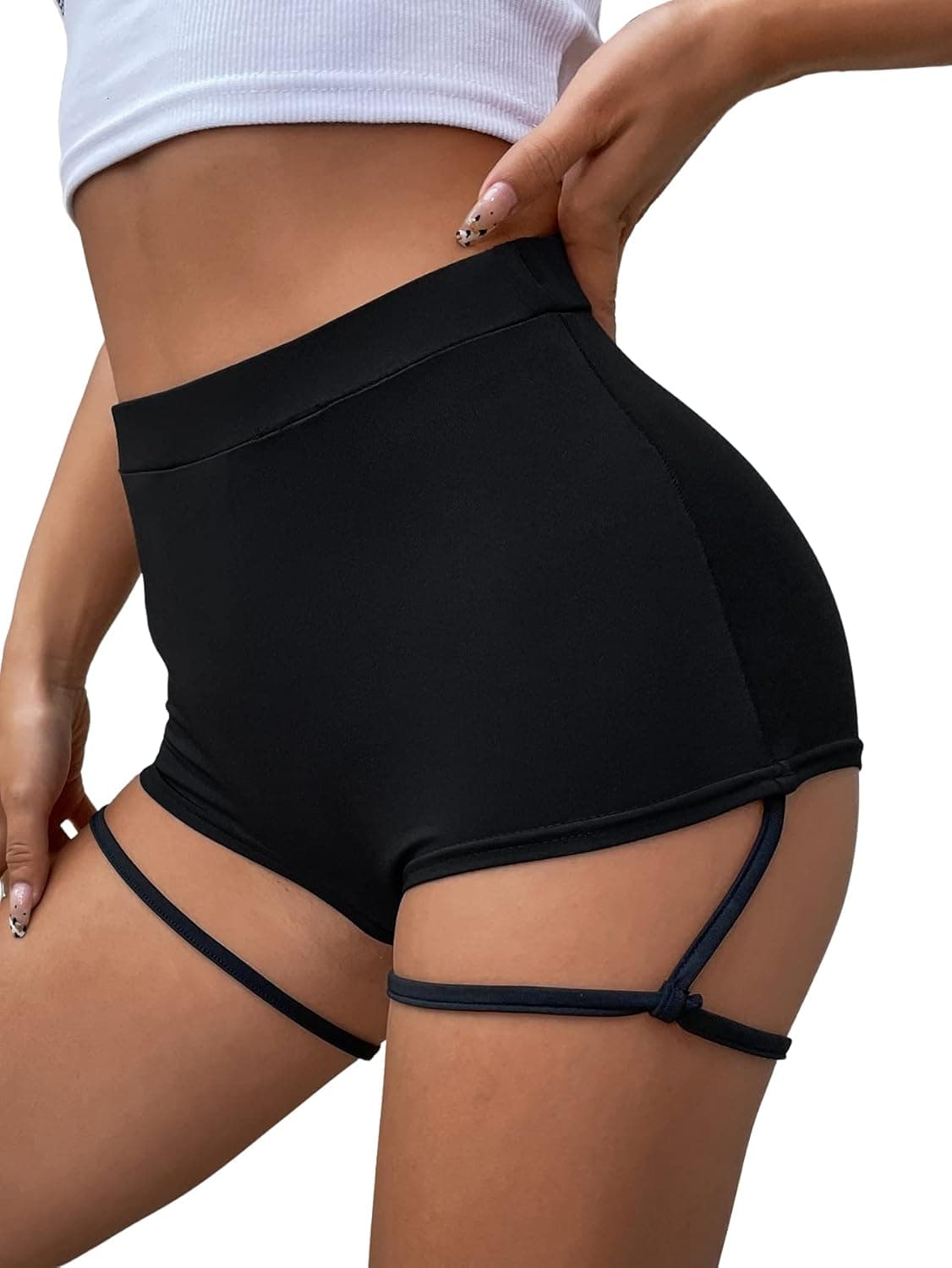 SheIn Women's High Waist Garter Booty Shorts Cut Out Rave Skinny Elastic Bottom