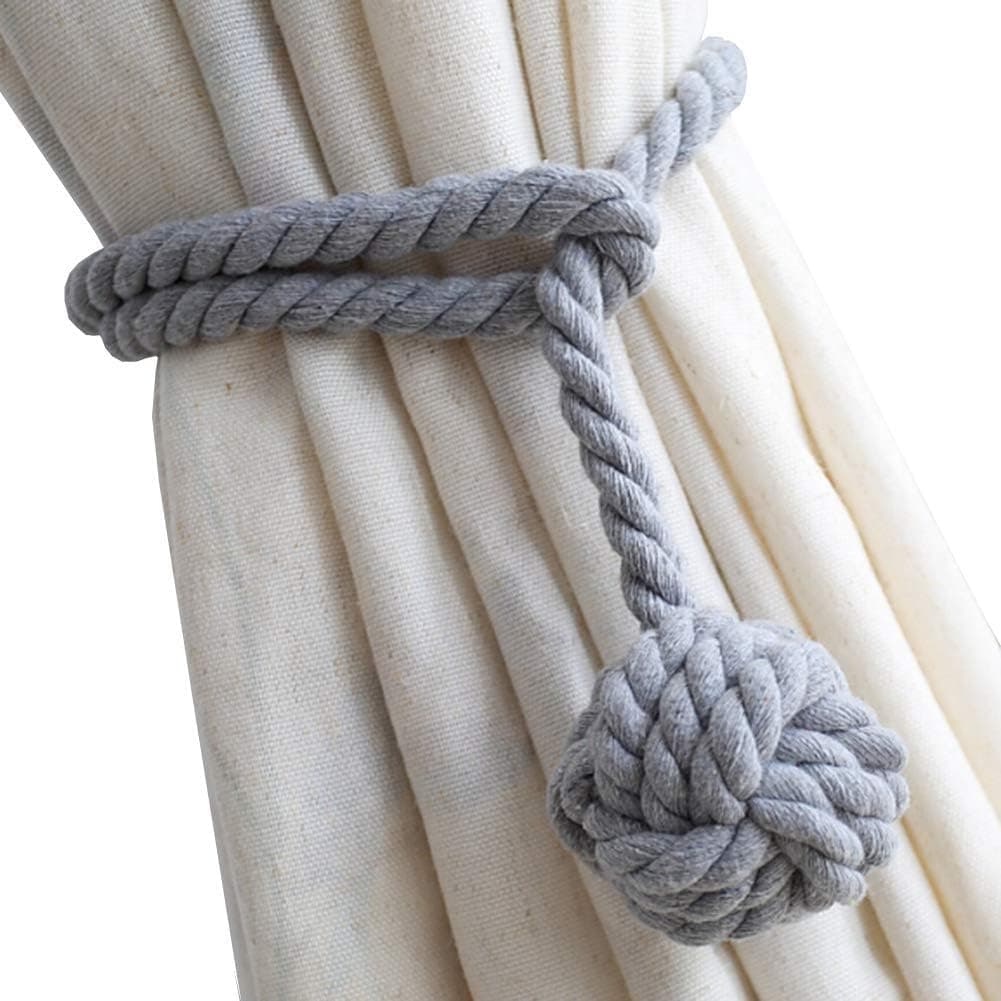 Melanovo 4 Pack Curtain Tiebacks, Handmade Natural Cotton Rope and Round Finial Drapery Tie Bakes, Decorative Holdbacks Holders for Window Sheer and Blackout Panels (Grey)