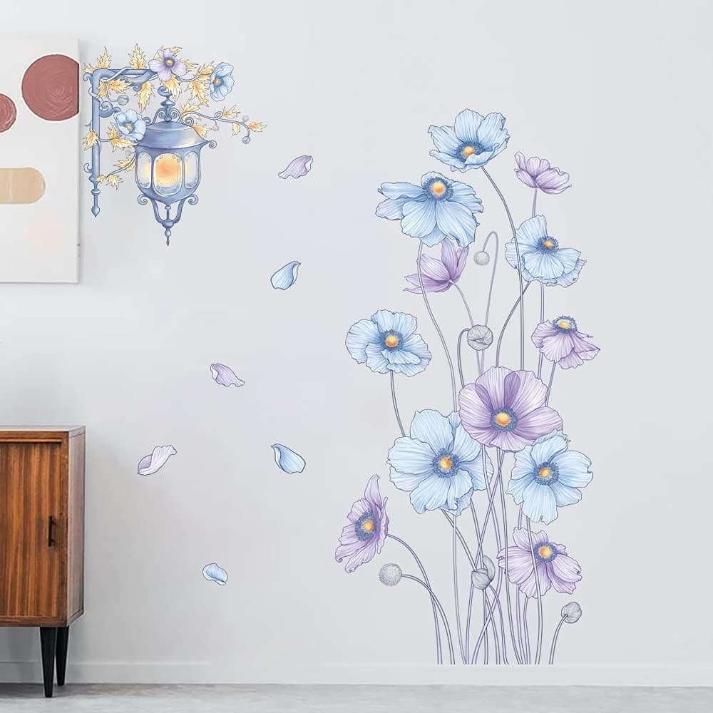 Supzone Flowers Wall Stickers Blue Purple Floral Wall Decals Garden Flower Daisy Wall Decal Street Lamp Bouquet Flower Wall Art Mural Sticker for Bedroom Living Room Office Home Wall Decor