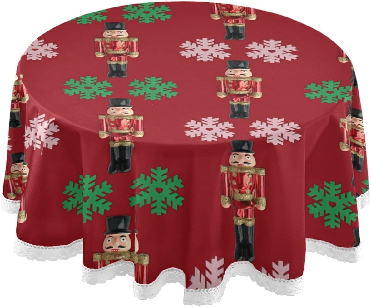 FFYHO Round Tablecloth 60inch Nutcrackers Snowflakes Polyester Table Covers Lace, Red §³hristmas Washable Indoor Table Cloths Holiday Decor for Kitchen Backyard BBQ Party Restaurant ¡