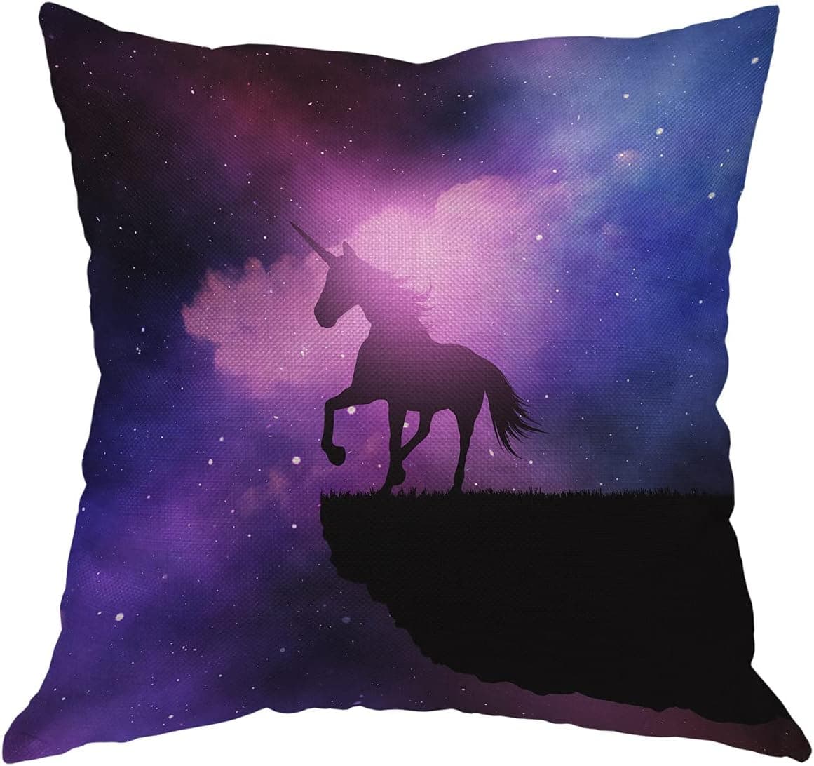 Beabes Unicorn Throw Pillow Cover Purple Galaxy Space Starry Night Stars Magical Animal Square Pillow Case Cushion Cover for Home Car Decorative Cotton Linen 18x18 Inch
