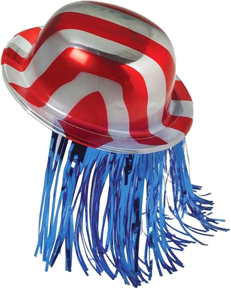 Funny Party Hats Red And Silver Striped Derby With Blue Fringe - Patriotic Stripe Derbies With Fringe