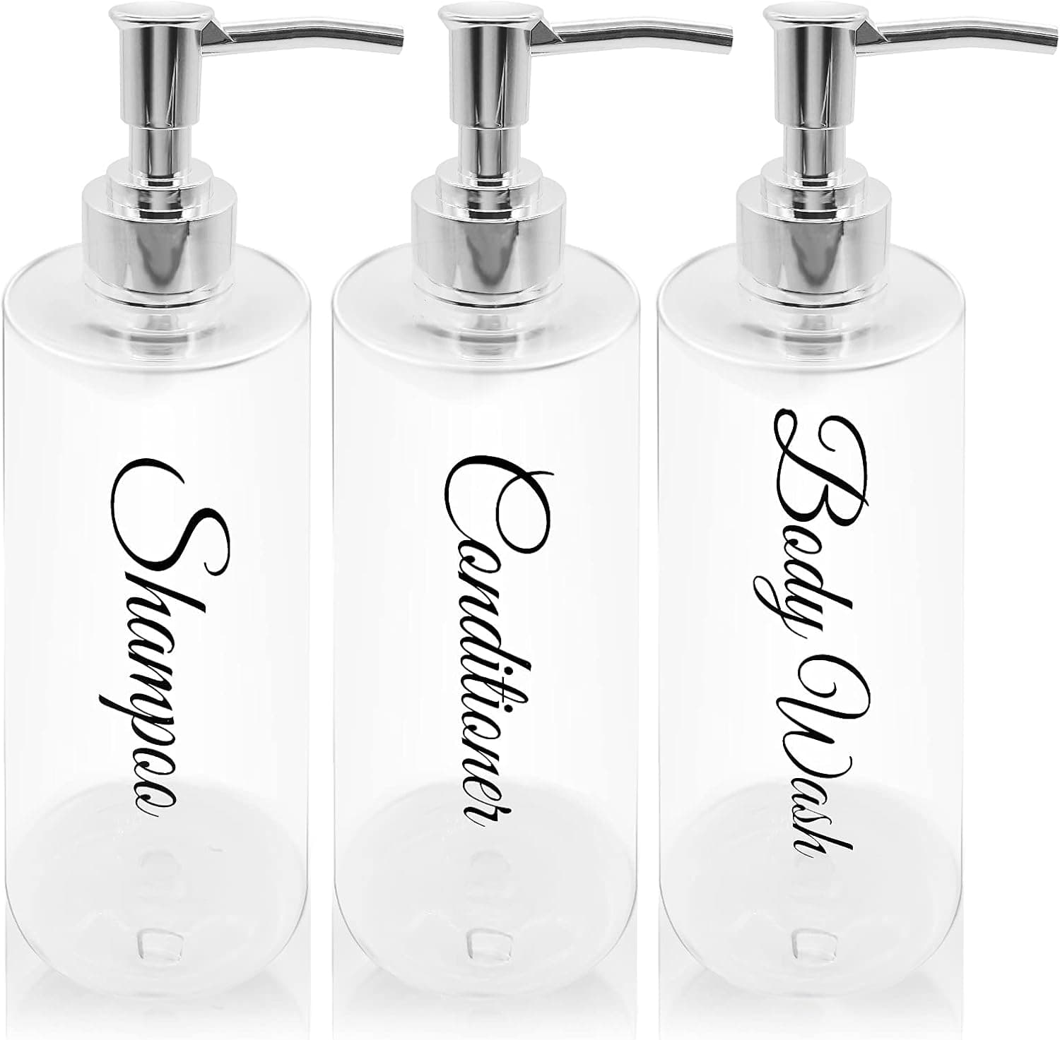 16.9oz Shower Dispenser - Empty Cylindrical Pump Bottles for Bathroom - Refillable Shampoo Conditioner Body Wash Dispensers, Plastic Press Dispenser - Waterproof Labels(Silver Pump, Set of 3)