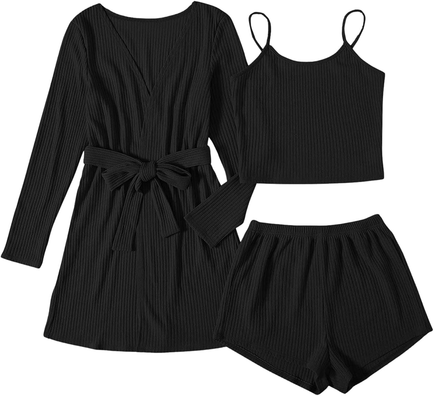 SheIn Women's Plus 3pcs Cami Shorts Ribbed Pajama Set with Long Sleeve Belted Robe
