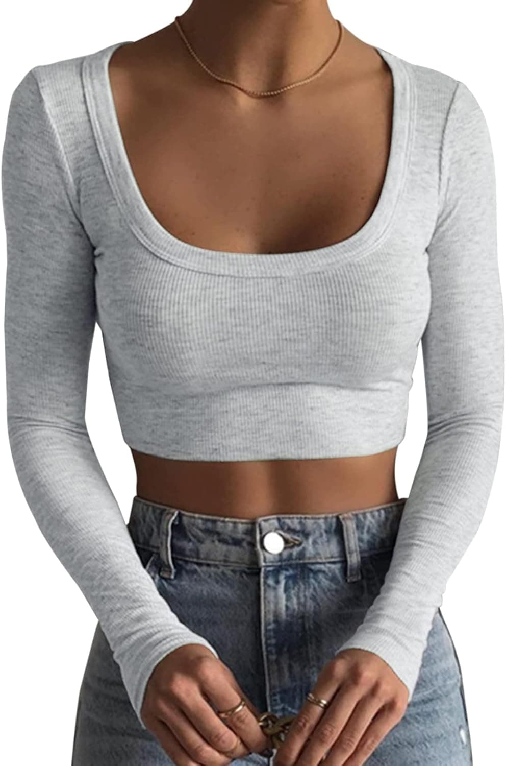 Womens Going Out Long Sleeve Slim Fit Basic Crop Top Y2k Fitted Tee Shirt Skinny Tight T-Shirt Streetwear