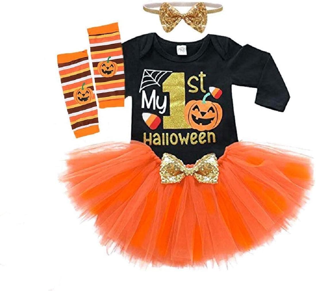 CPEI Baby Girls Halloween Outfits Costume My 1st Halloween Romper+ Tutu Skirt+ Striated Leg Warmer+ Headband Outfit Set