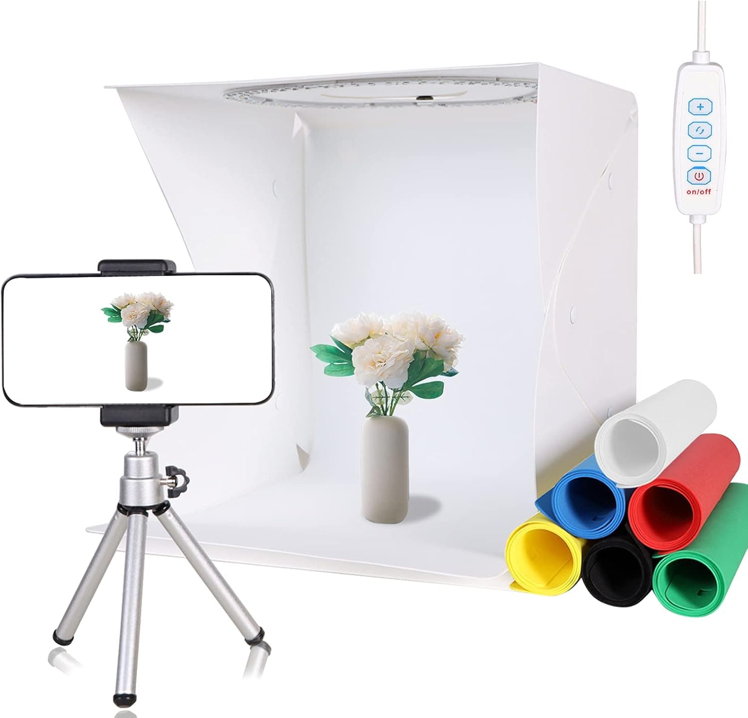 QYXINC 12.8"x12" Portable Photo Light Box with Mini Tripod & Phone Holder,128pcs LED Ring Light Box with Adjustable White/Warm/Soft Light,Folding Light Box Photography 6 Color Backdrops for Small Item