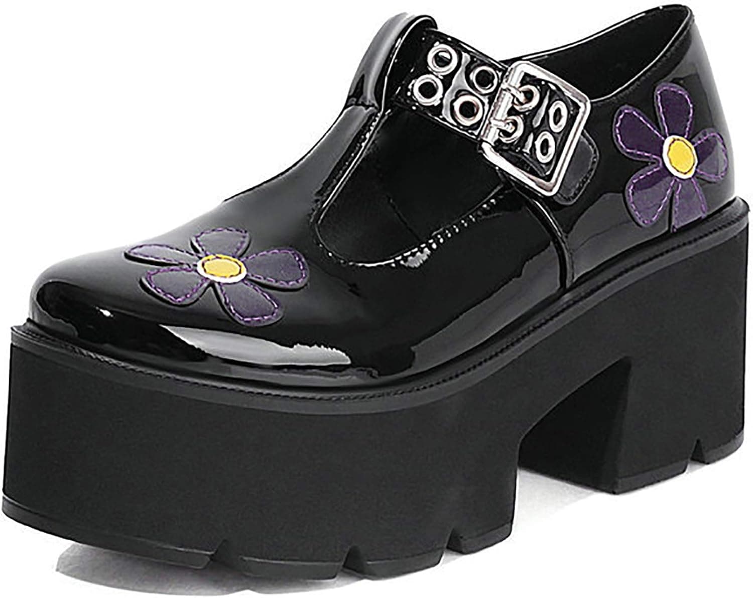 kekafu Womens T-Strap Goth Platform Mary Jane Shoes with Cute Flowers Chunky Heel Ankle Strap Pumps Lolita Cosplay Punk Shoes