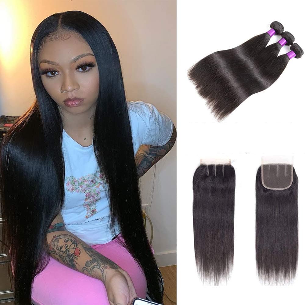 Indian Straight Hair 3 Bundles with Closure 8A Unprocessed Virgin Human Hair Straight with Lace Closure Three Part 100% Human Hair Bundles Extensions with Baby Hair (14 14 14+12, Natural color)……