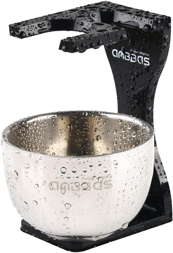 Anbbas Shaving Bowl and Stand Set, Dia 3.2inches 2 Layers Stainless Steel Shaving Bowl with Black Acrylic Shaving Brush Holder Fit 1.2inches Knot Brush Kit Perfect for Classic Wet Shave