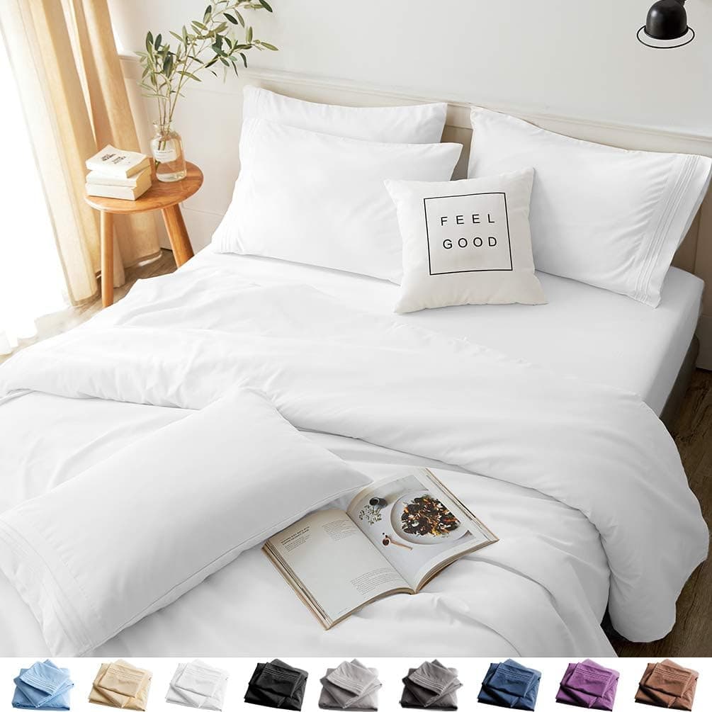 LBRO2M Bed Sheets Set King Size 6 Piece 16 Inches Deep Pocket 1800 Thread Count 100% Microfiber Sheet,Bedding Super Soft Comforterble, Cool Warm,(White)