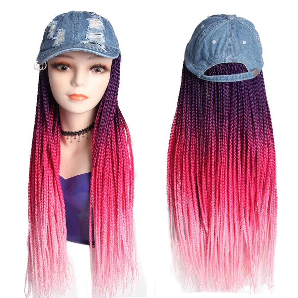 Long Colorful Braided Wigs with Baseball Cap Hat for Black Women, Box Braid Wig Crochet Hair, Hat Wig Braids Wig with Hat attached, Hip Hop Punk Style 90s Party (16 colors, 24in/60cm)