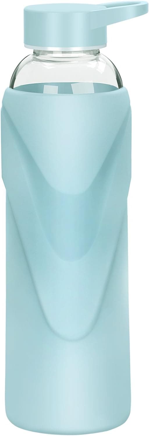 Justfwater Sports Borosilicate Glass Water Drinking Bottle with Silicone Sleeve and Leak-Proof lid, 14 oz / 22 oz / 32 oz