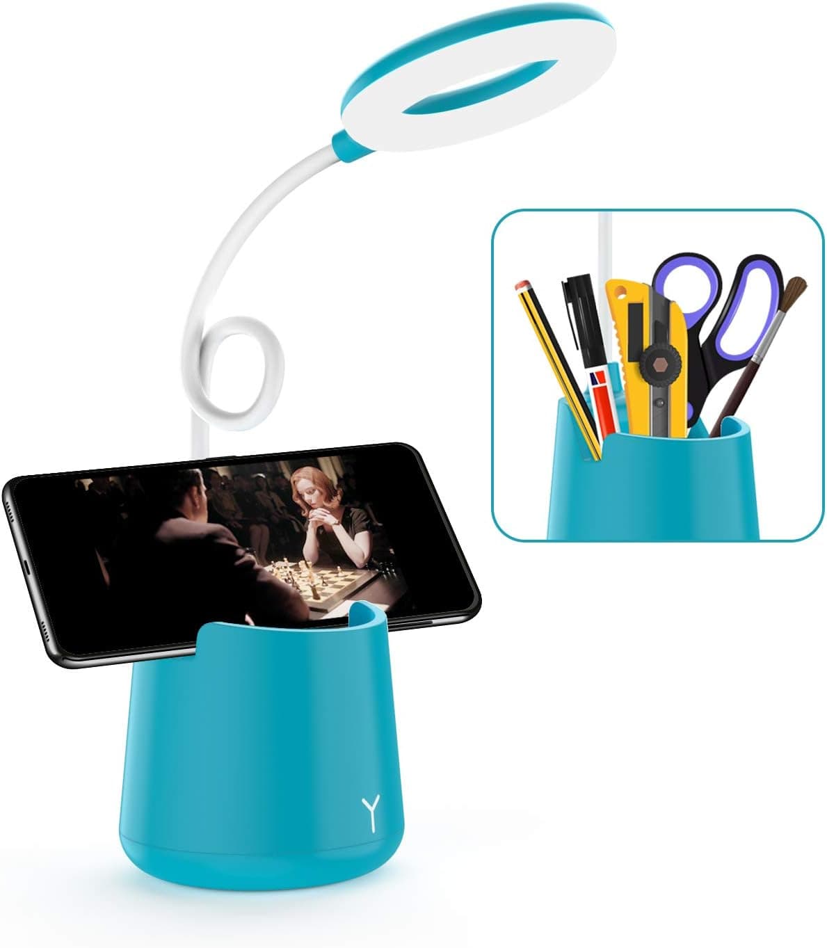 Desk Lamp Kids - Adjustable Goose Neck Table Lamp LED USB Rechargeable Student Table Lamp Dimmable Eye Lamp for Bedroom, Study Room and Office, Touch Control, Eye-Caring Table Lamp, Phone & Pen Holder