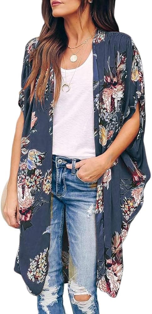 Ivay Womens Floral Kimono Duster Cardigans Short Sleeve Draped Oversized Beach Cover Up Cape