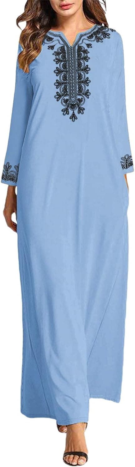Celmia Women Casual Maxi Dress Long Sleeve Loose Vintage Embroidered Long Dresses with Pockets