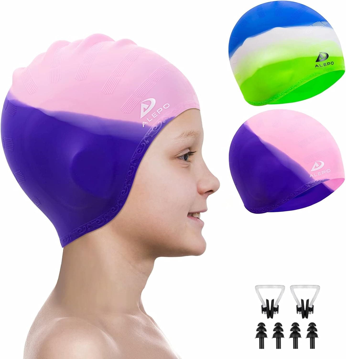 2 Pack Kids Swim Caps for Boys Girls, Durable Silicone Swimming Cap with 3D Ear Pockets for Age 3-15 Toddler Child Youth Teen, Unisex Swim Bath Hats for Short/Long Hair with Ear Plugs Nose Clip