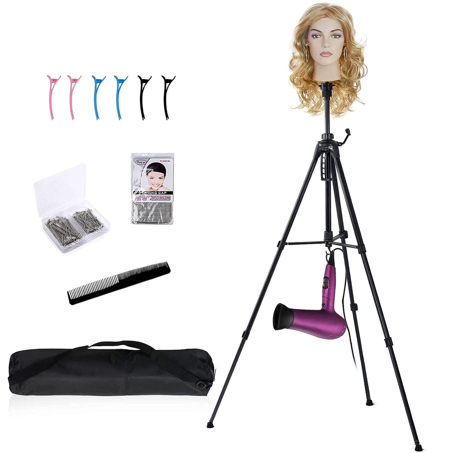 Klvied Adjustable Wig Stand Tripod Metal Mannequin Head Stand Wig Head Stand with Counter Weight Hook for Cosmetology Hairdressing Training with Wig Caps, T-Pins, Comb, Hair Clip, Carrying Bag