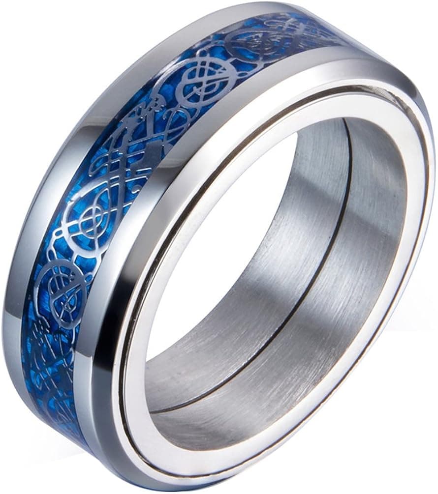 ALEXTINA Men's Stainless Steel 8MM Celtic Dragon Carbon Fiber Inlay Spinner Ring Wedding Band Blue