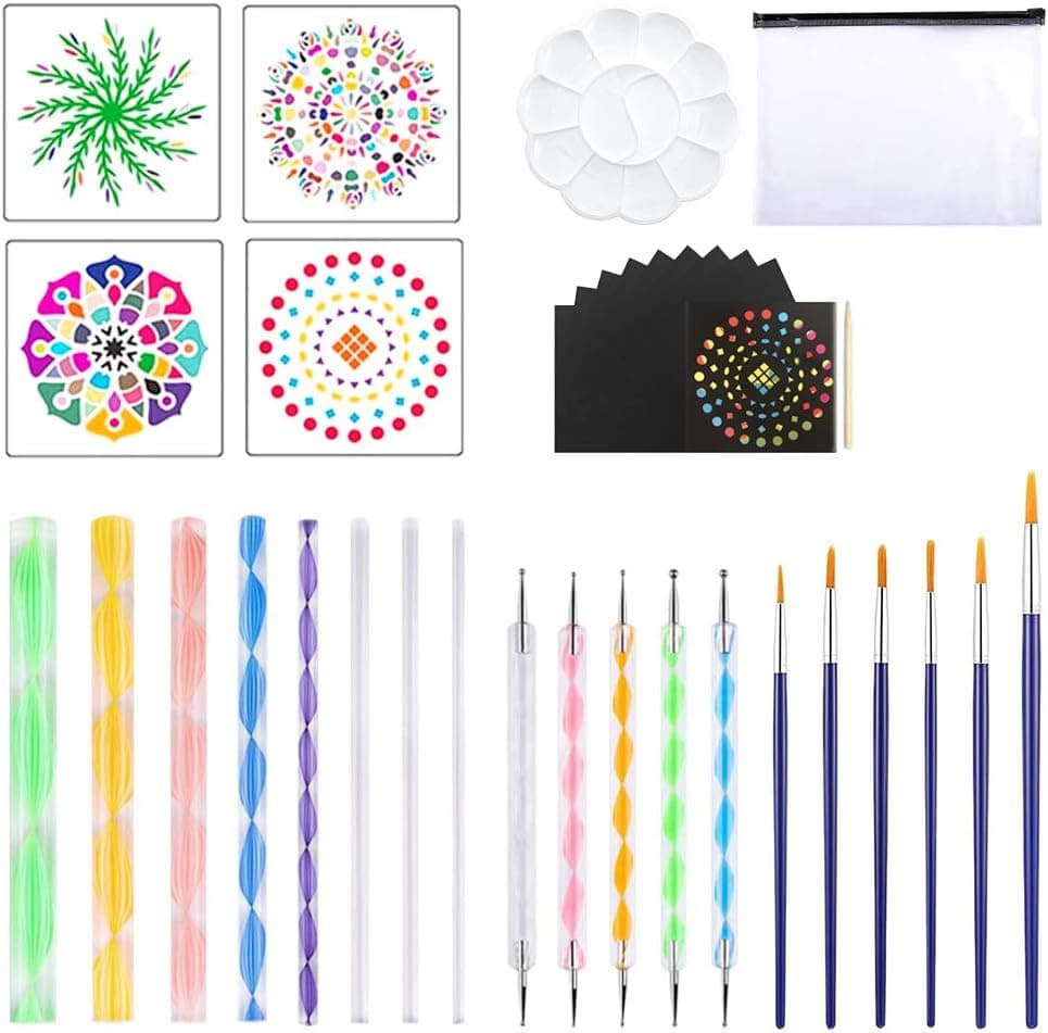 Mandala Dotting Tools Stencils Set, ORANDESIGNE 36 PCS Mandala Rocks Painting Pens Trays Brushes Stencil Templates for Clay Carving Nail Art Drawing and Drafting