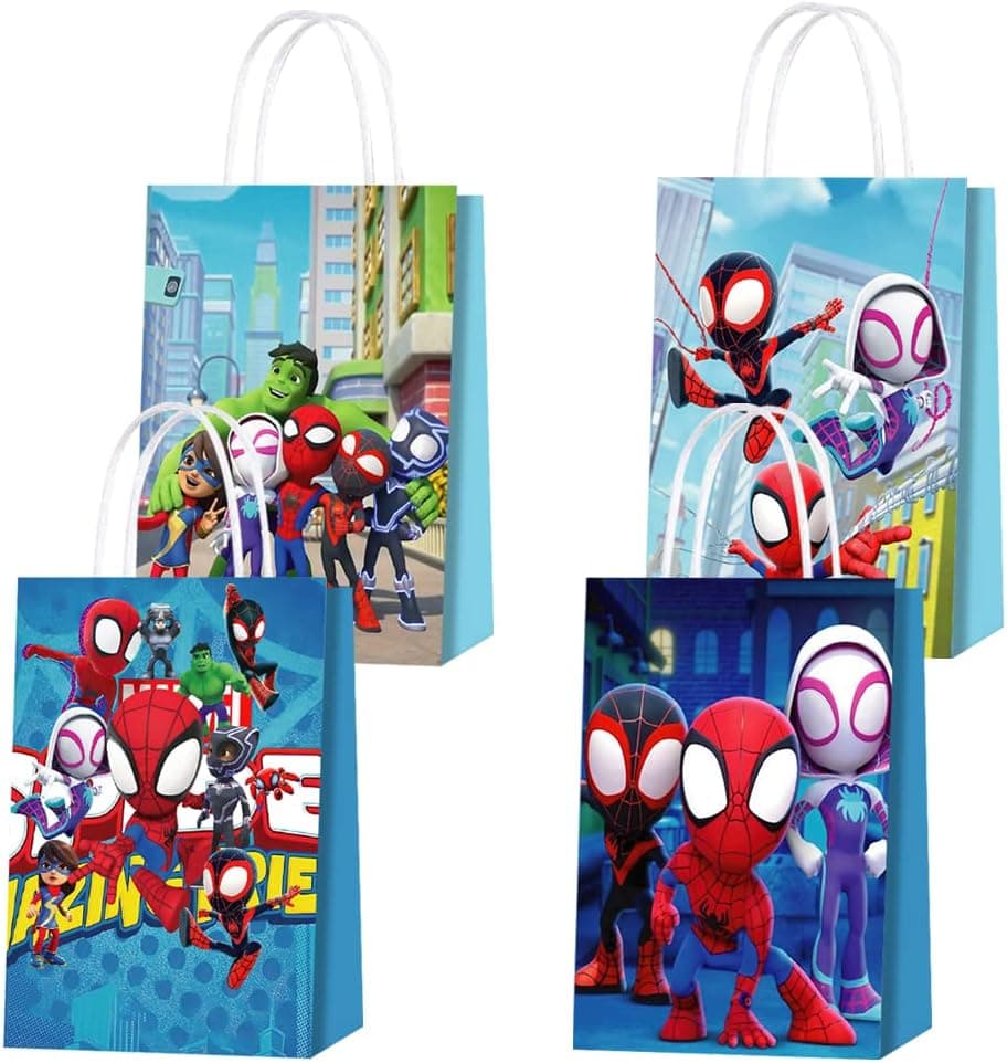 QICI 16Pcs Spidey Party Favor Goodie Bag with Handle Spider Kraft Paper Bag for Spidey Themed Kids Adults Birthday Party Supplies Decorations