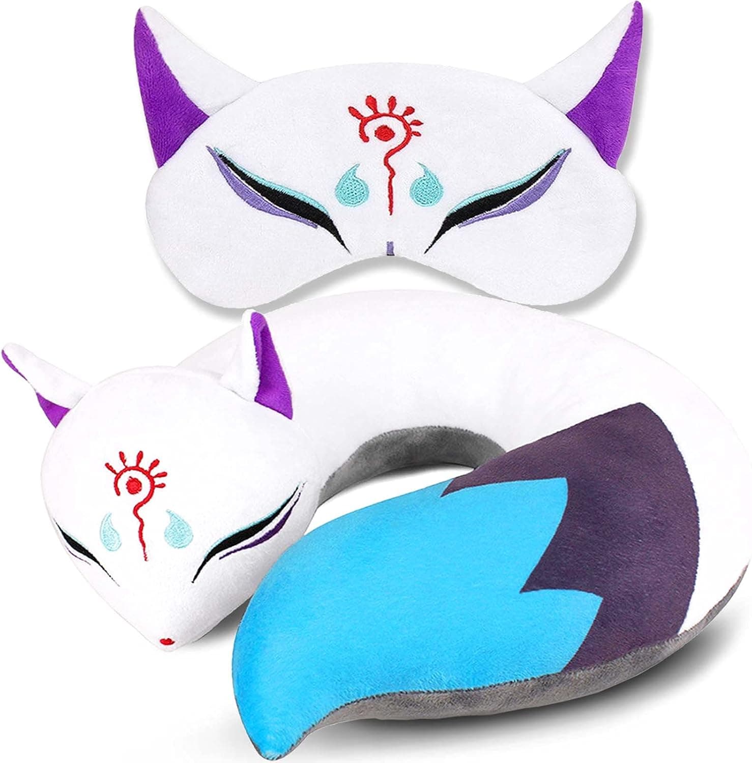 timebetter Fox Plush Neck U Shaped Travel Pillow, Cute Japanese Anime Body Pillow Stuffed Animal Plushie, Sleeping Eye Mask