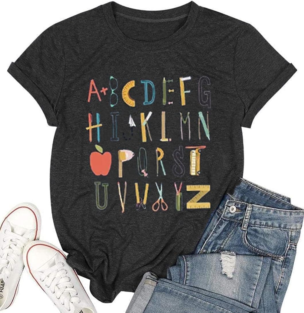 Teacher Shirt Women Teaching Shirt Alphabet Graphic Print Tee Tops Short Sleeve Teachers Gift Kindergarten T-Shirt