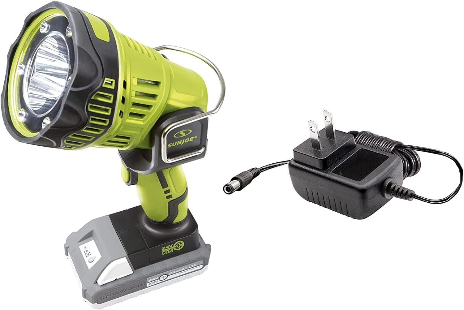 Sun Joe 24V-1500FL-LTE-P1 24V iON+ Cordless 1500-Max Lumen LED Handheld Flashlight/Spotlight/Floodlight, 700-Yard Illumination, 90-Degree Pivot Head, Belt Hook, w/ 2.0-Ah Battery and Charger