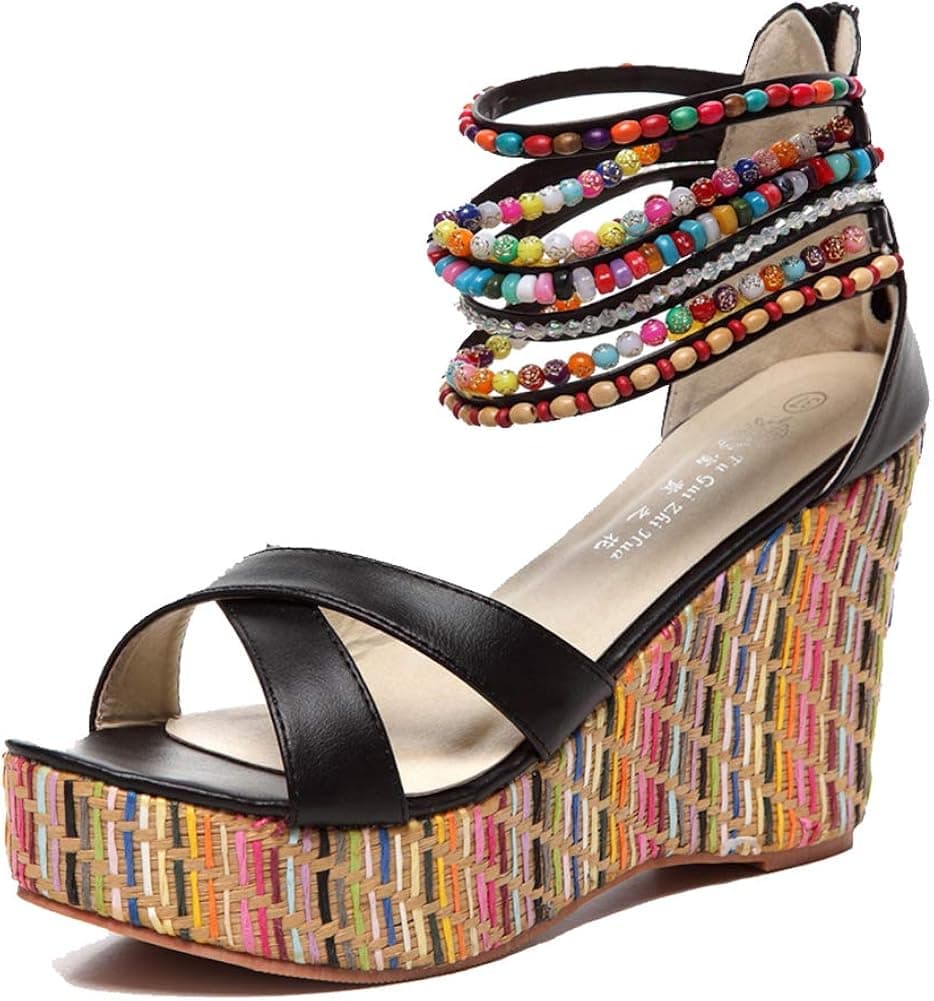 getmorebeauty Women's Wedge Sandals With Pearls Across The Top Platform Sandals High Heels
