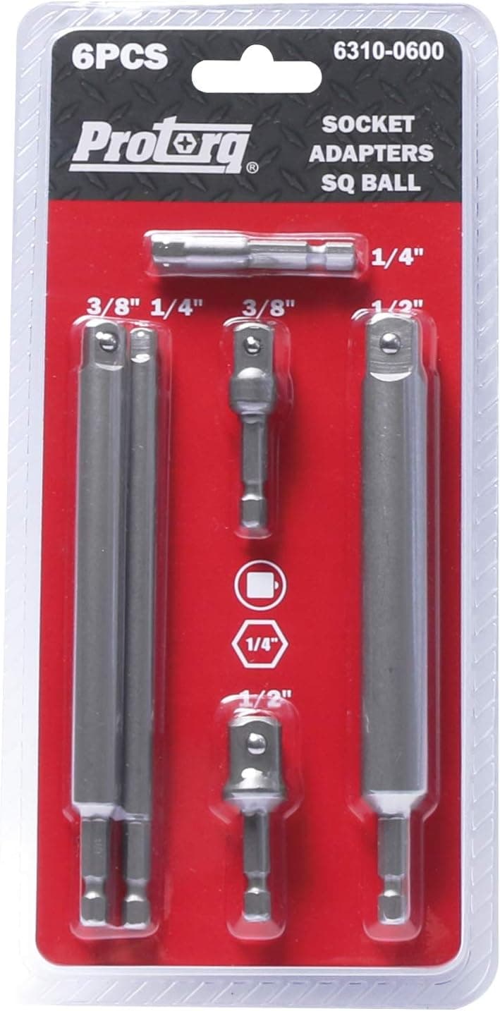 Protorq Long Socket Adapter Extension Set, Ball Lock, 1/4", 3/8", 1/2" Impact Drive, 6-Piece, for 1/4 inch Hex Shank to Square Socket