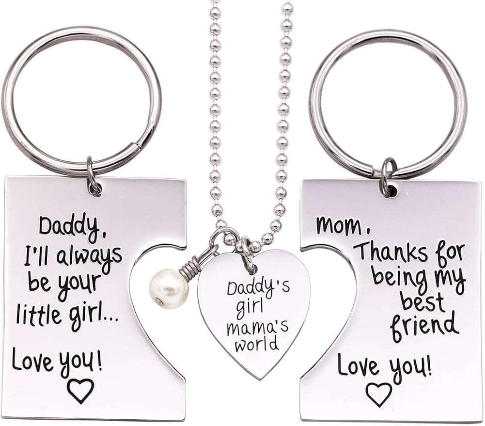 O.RIYA Daddy's Girl Mommy's World 3 Piece Keychain Pendant Necklace Set, Gift for Daughter, Mommys Little Girl, Mums Dad Necklaces Stainless Steel